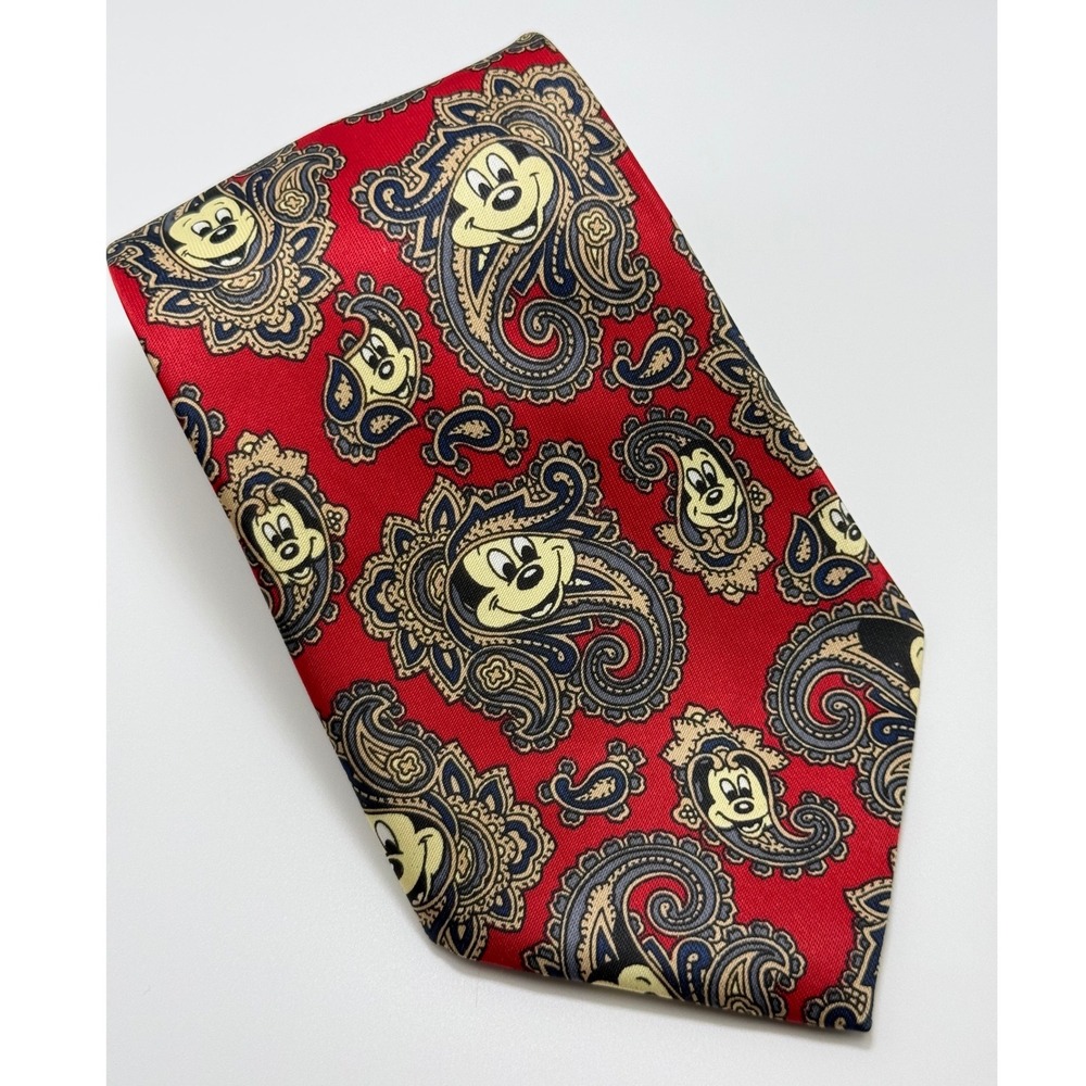 Mercedes Mickey Mouse Necktie OS Red Silk Paisley Disney Retro Maximalist